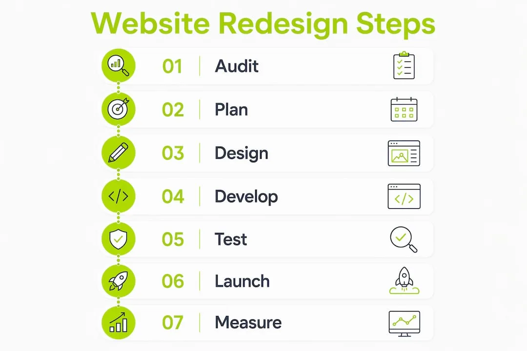 Infographic illustrating steps in website redesign process