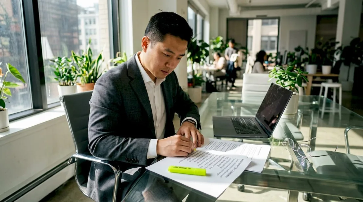Executive reviewing SEO keyword list hands close-up
