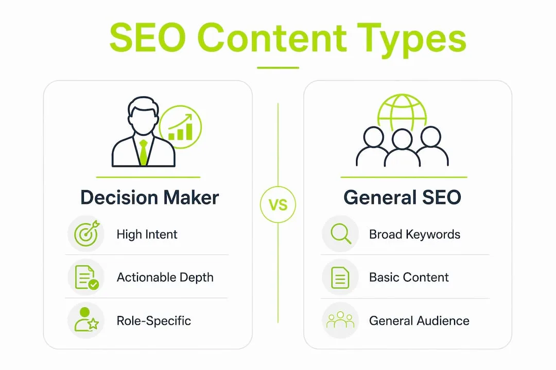 Infographic comparing SEO content for decision makers and general SEO