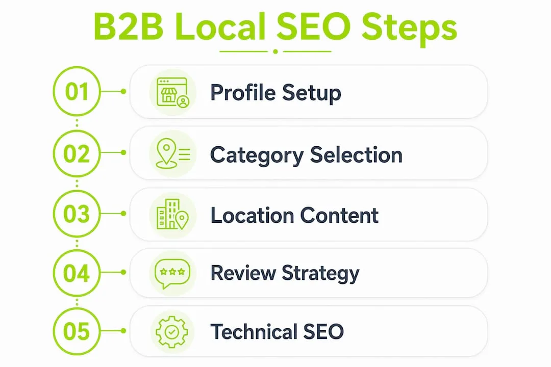 Infographic showing key B2B local SEO steps