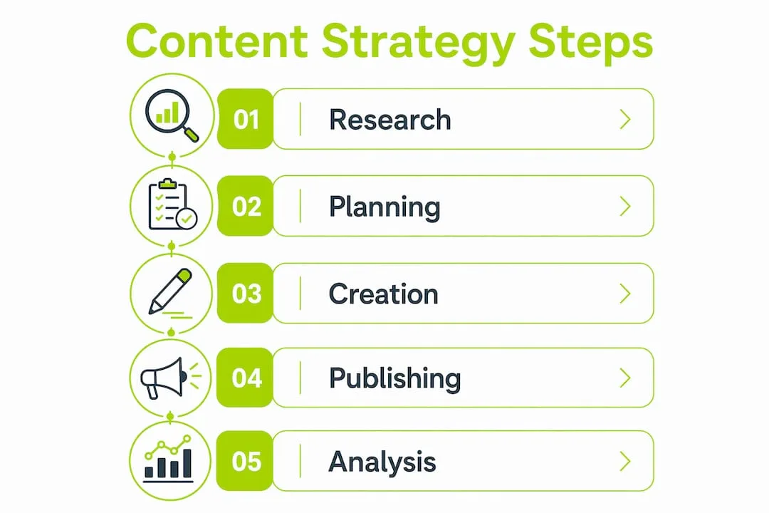 Infographic outlining website content strategy steps