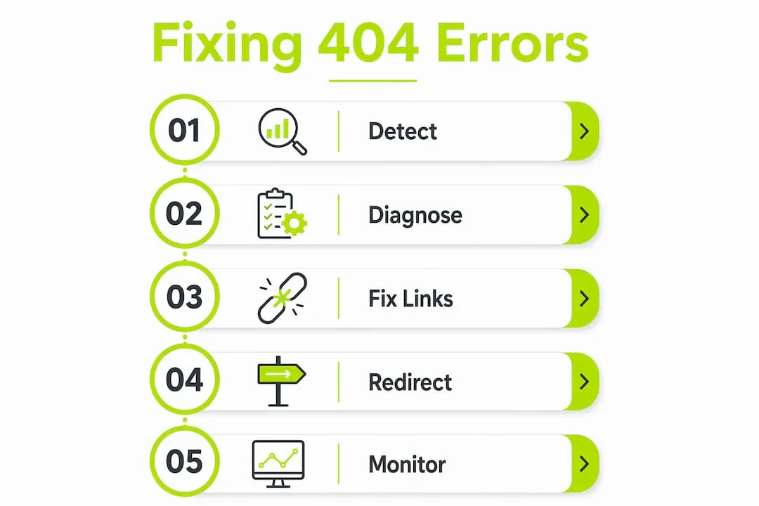 Infographic illustrating steps to fix 404 website errors