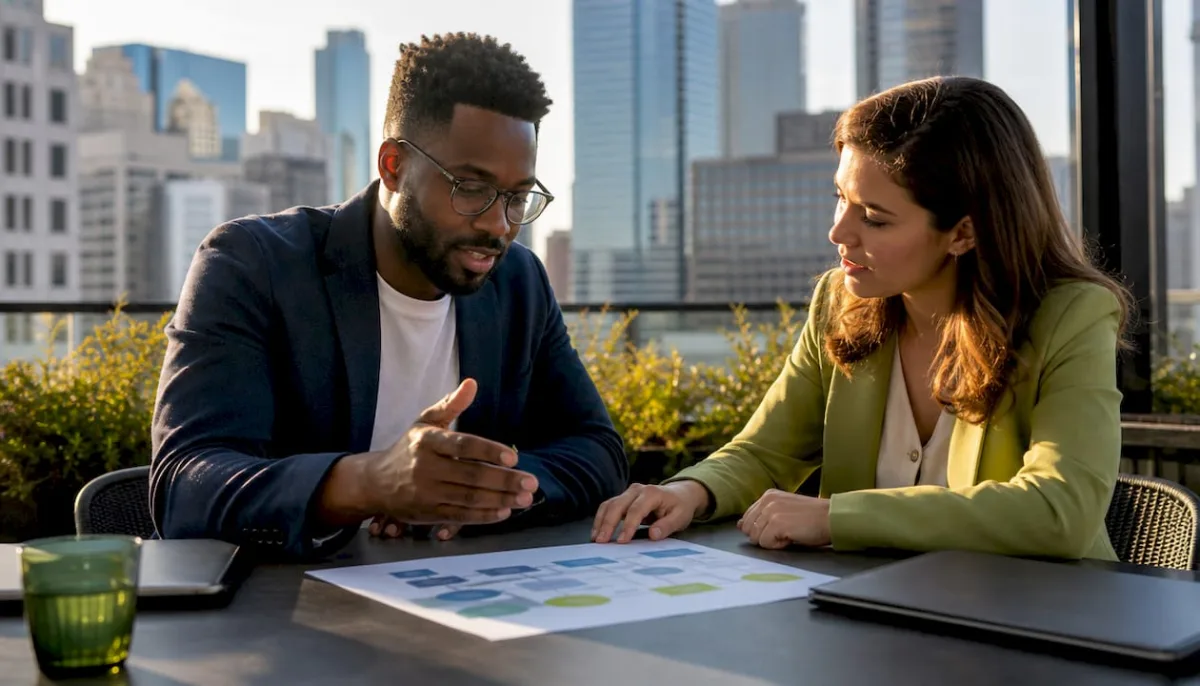 Professionals discussing B2B buying cycle at table