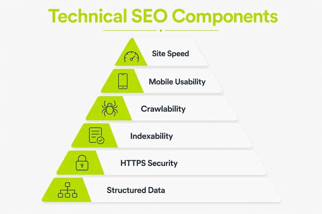 Infographic of technical SEO core components pyramid