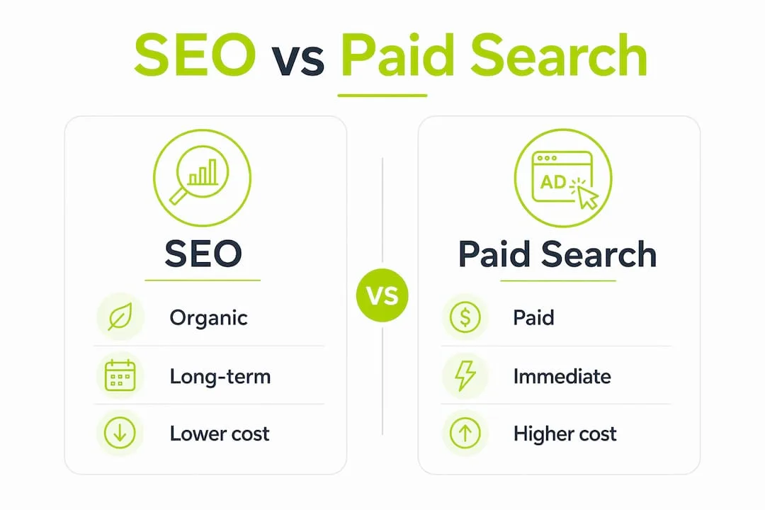 Infographic comparing SEO and paid search