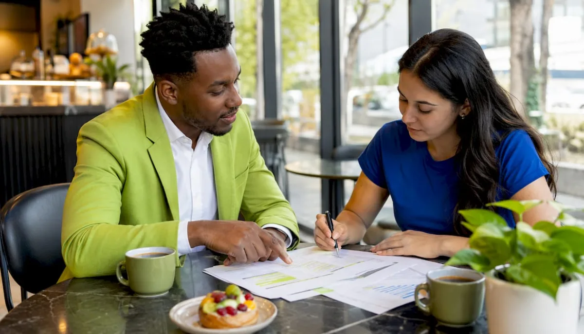 Two people reviewing SEO technical issues at cafe table