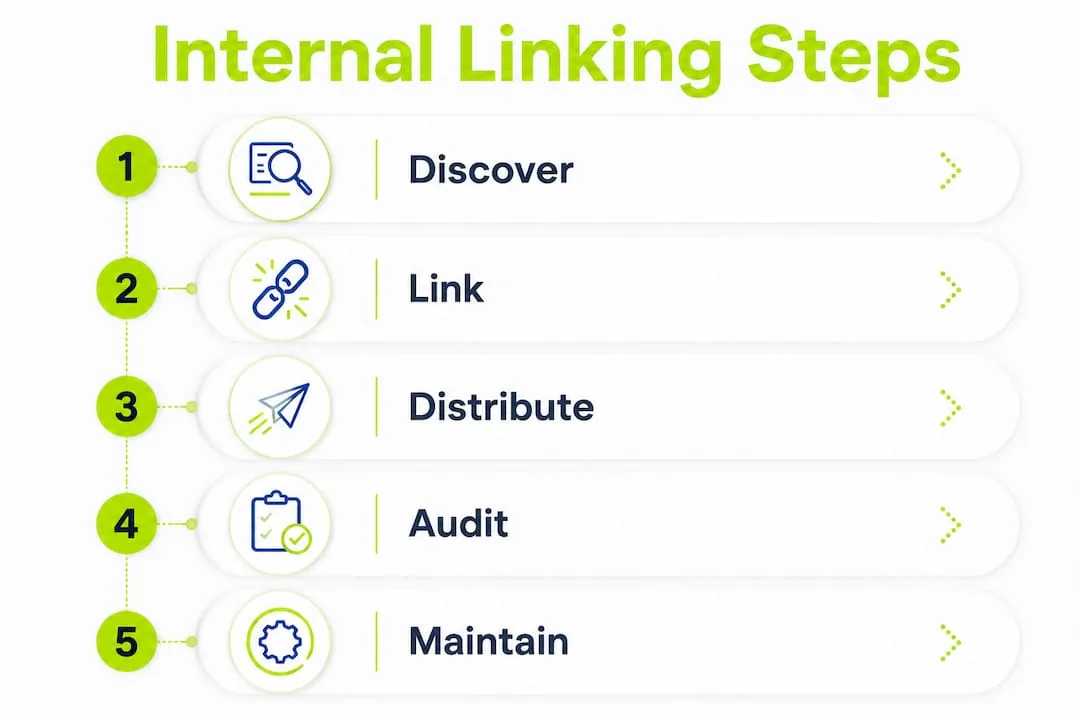 Infographic showing five key internal linking steps