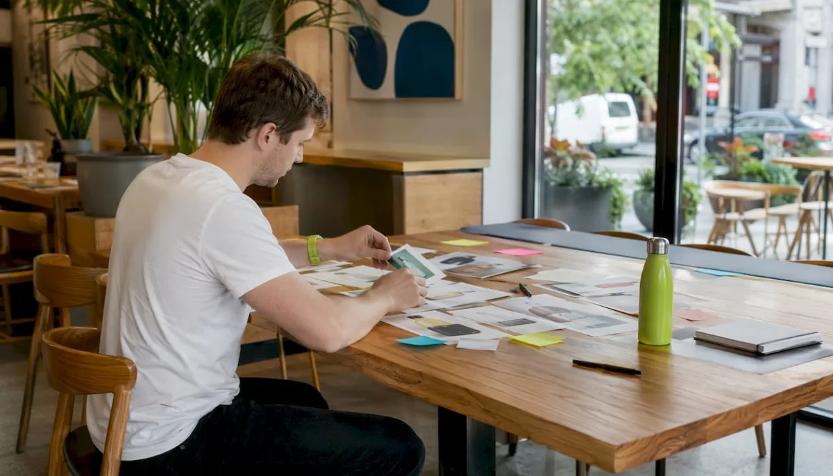 Hands arranging product photos and marketing notes